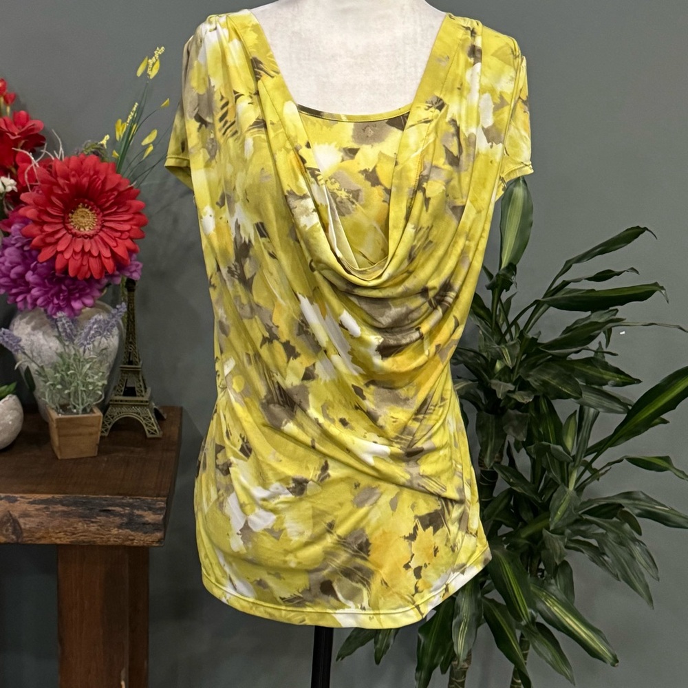 Anne Klein Yellow Floral Cowl Neck Blouse